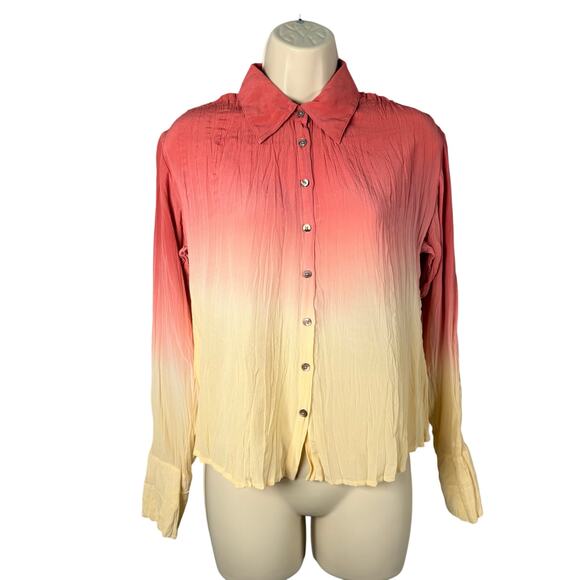 J Jill Top Womens XXSP 2XS Petite Pink Yellow Ombre Silk Crinkle Button Up - Picture 1 of 16